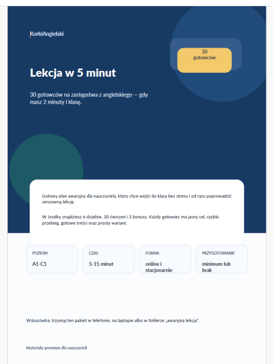 Lekcja w 5 minut – 30 gotowców na zastępstwa z angielskiego - okładka