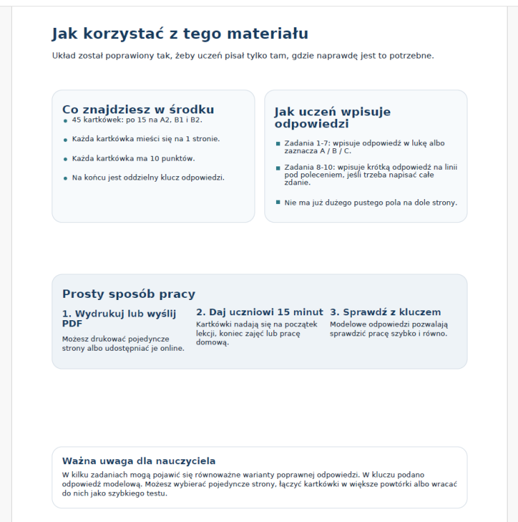 Bank 45 kartkówek 15-minutowych A2–B2 z kluczem dla nauczycieli - jak korzystać