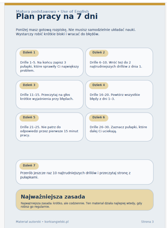 Matura podstawowa z angielskiego: Use of English – 30 pułapek, które zabierają punkty - plan pracy na 7 dni
